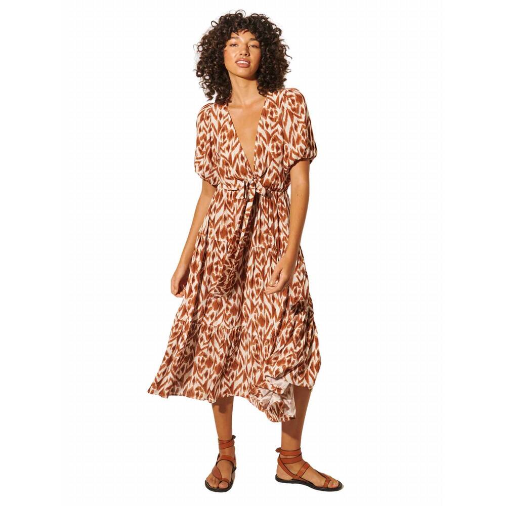NEW KIVARI marisa tie front midi dress in chocolate aztec
